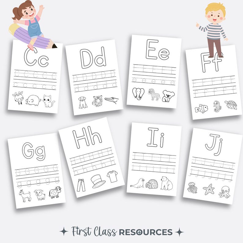 May include: Black and white printable worksheets for practicing writing the letters C, D, E, F, G, H, I, and J. Each worksheet features a dotted line for tracing the letter and a few simple illustrations of objects that start with that letter.