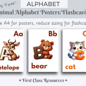 Cartazes de alfabeto de animais, alfabeto para impressão, pôster de letras de animais do alfabeto, flashcards do alfabeto, sala de aula e decoração de escola em casa