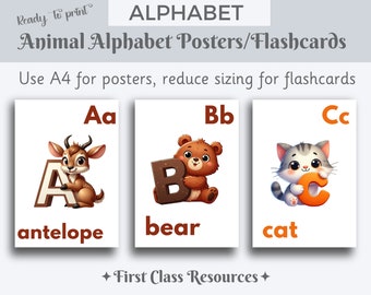 Affiches alphabet animaux, alphabet à imprimer, affiche alphabet animaux, cartes mémoire alphabet, décoration de salle de classe et d'école à domicile