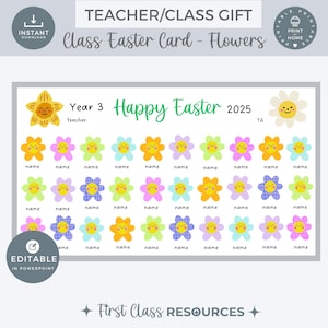 Carte de Pâques modifiable, cadeau personnalisé pour professeur, carte de classe fleur de printemps, noms des élèves, carte de Pâques imprimable, fichier powerpoint