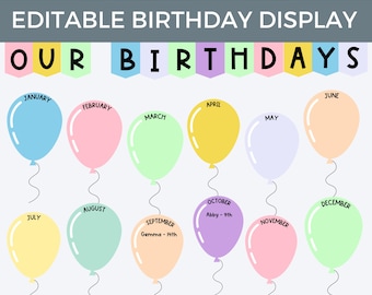 誕生日バルーンディスプレイ、教室の誕生日表、春をテーマにした装飾、誕生日の旗、毎月のバルーン、掲示板の先生