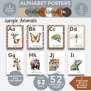 May include: Printable alphabet posters featuring jungle animals. Each poster has a letter of the alphabet, an animal illustration, and the animal's name. The posters are designed with a brown, black, and white zebra stripe pattern. The text "Creature Kingdom" and "Jungle Animals" is included in the image.