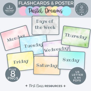 Tarjetas didácticas y pósteres de los días de la semana, decoración del aula con acuarela pastel, calendario de recursos de aprendizaje educativo para mostrar en casa, imprimible