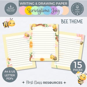 Può includere: Carta da scrittura e disegno stampabile a tema ape. La carta ha uno sfondo giallo con un bordo floreale e simpatiche api dei cartoni animati. Il testo "Springtime Joy" è in cima alla pagina. Il testo "BEE THEME" è in fondo alla pagina. Il testo "15 PAGES" è nell'angolo in basso a destra della pagina. Il testo "A4 & US LETTER PDFs" è nell'angolo in basso a sinistra della pagina.