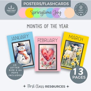 Months of the Year Posters Flashcards, Watercolor Calendar Set, 12 Monthly Prints and Full Year Poster, PDF for Classroom Decor & Activities