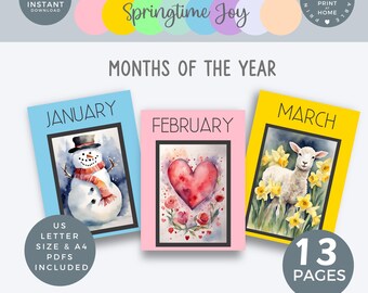 Poster dei mesi dell'anno, schede didattiche, set di calendari ad acquerello, 12 stampe mensili e poster dell'intero anno, PDF per decorazioni e attività in classe