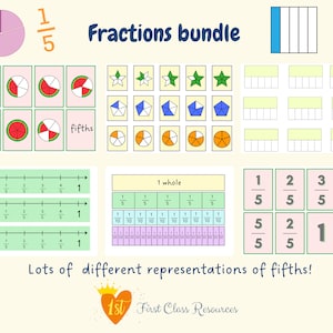 Op de afbeelding: Een kleurrijk educatief werkblad voor het onderwijzen van breuken. Het werkblad toont verschillende representaties van vijfden, waaronder een cirkel die in vijf delen is verdeeld, een getallenlijn, een raster en een tabel. De tekst "Fractions bundle" en "Lots of different representations of fifths!" is opgenomen op het werkblad.
