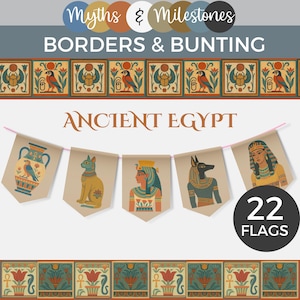 May include: A banner set with an Ancient Egypt theme. The banner includes five pennant flags with illustrations of Egyptian figures and symbols. The text "Ancient Egypt" is displayed. The image also includes decorative borders and the text "22 Flags".