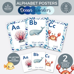 Ocean animals alphabet posters,  A - Z Printable flashcards, Classroom Decor Sea Life Ocean wonders theme ABCs Educational Nursery Decor PDF