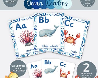 Ocean animals alphabet posters,  A - Z Printable flashcards, Classroom Decor Sea Life Ocean wonders theme ABCs Educational Nursery Decor PDF
