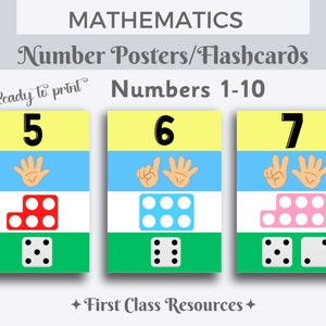 May include: Printable number posters or flashcards for teaching kids to count from 1 to 10. Each card features a number, a hand showing the number of fingers, a ten-frame with the corresponding number of dots, and a dice with the number of dots. The cards are yellow, blue, white, red, and green.