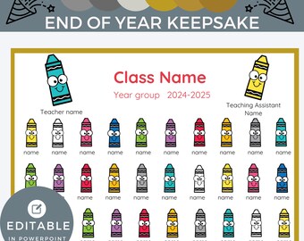 Puede incluir: Una colorida plantilla de recuerdo de fin de año con el texto "Classroom Celebrations" y "End of Year Keepsake". El diseño incluye ilustraciones de crayones, espacio para el nombre de la clase, el año, el profesor y los nombres de los alumnos. Editable en PowerPoint.