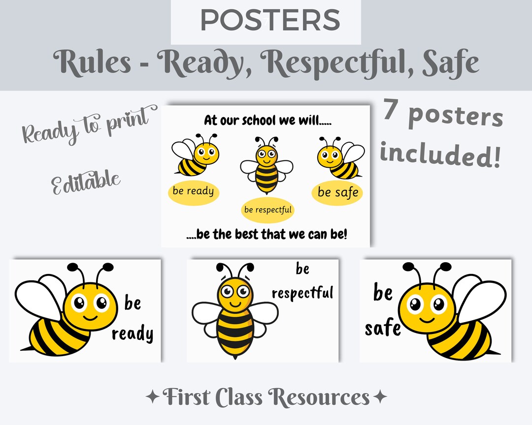 Ready Respectful Safe Posters Three Bees Editable School Rules 