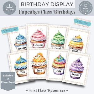 Classroom birthday display printable, Class birthday display, Birthday Display Cupcakes, Birthday board for classroom, Bulletin Board Kit