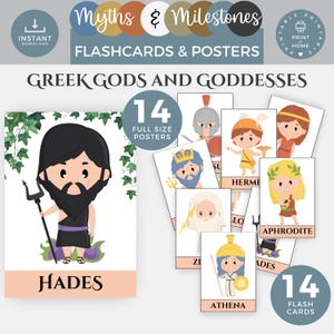 Cartes de visite des dieux grecs, ensemble d'affiches de dieux grecs, affiche de dieux et déesses grecs, décoration de salle de classe de mythologie, Grèce antique, apprentissage imprimable PDF