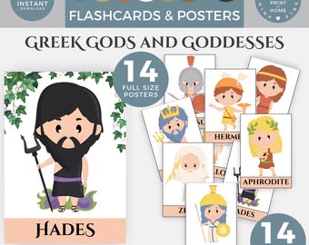 Tarjetas didácticas de dioses griegos, juego de carteles de dioses griegos, póster de dioses y diosas griegos, decoración para el aula de mitología, aprendizaje de la antigua Grecia, PDF imprimible