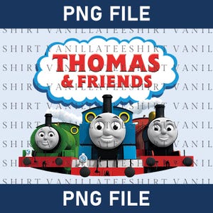 Puede incluir: Una locomotora de dibujos animados azul, verde y roja con una nube blanca detrás. La nube tiene las palabras "Thomas & Friends" escritas en ella.
