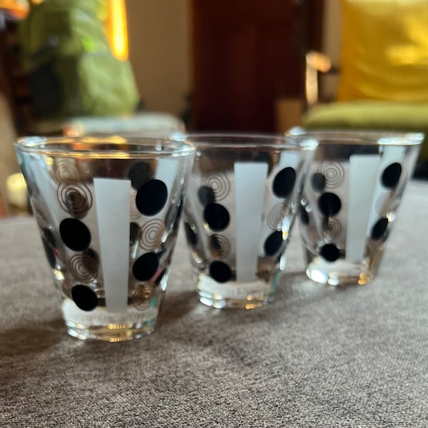 MCM Vintage Double Shot Whiskey Glasses Gold Swirl Black Dot