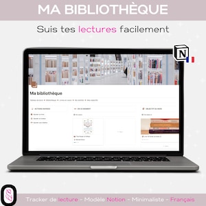 Peut inclure: Un écran d'ordinateur portable affichant une page Notion intitulée "Ma bibliothèque" avec une image de bibliothèque en arrière-plan. La page comporte des sections pour "Actions rapides", "En ce moment" et "Objectif du mois". La page est en français.