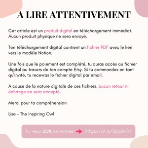 May include: A white background with text in French, including "A LIRE ATTENTIVEMENT" at the top. The text describes a digital product available for immediate download, with no physical items shipped. A pink banner at the bottom offers a 25% discount.