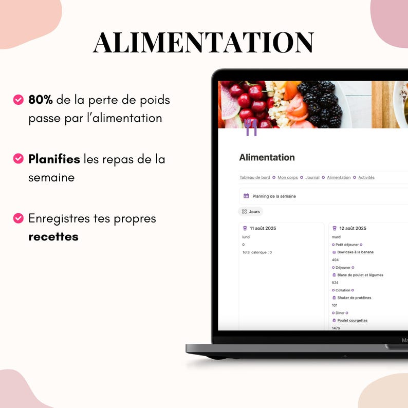 May include: A laptop displaying a food planning application with the title "Alimentation". The screen shows a meal plan with daily calorie counts and meal details. Text on the screen includes "80% of weight loss comes from diet".