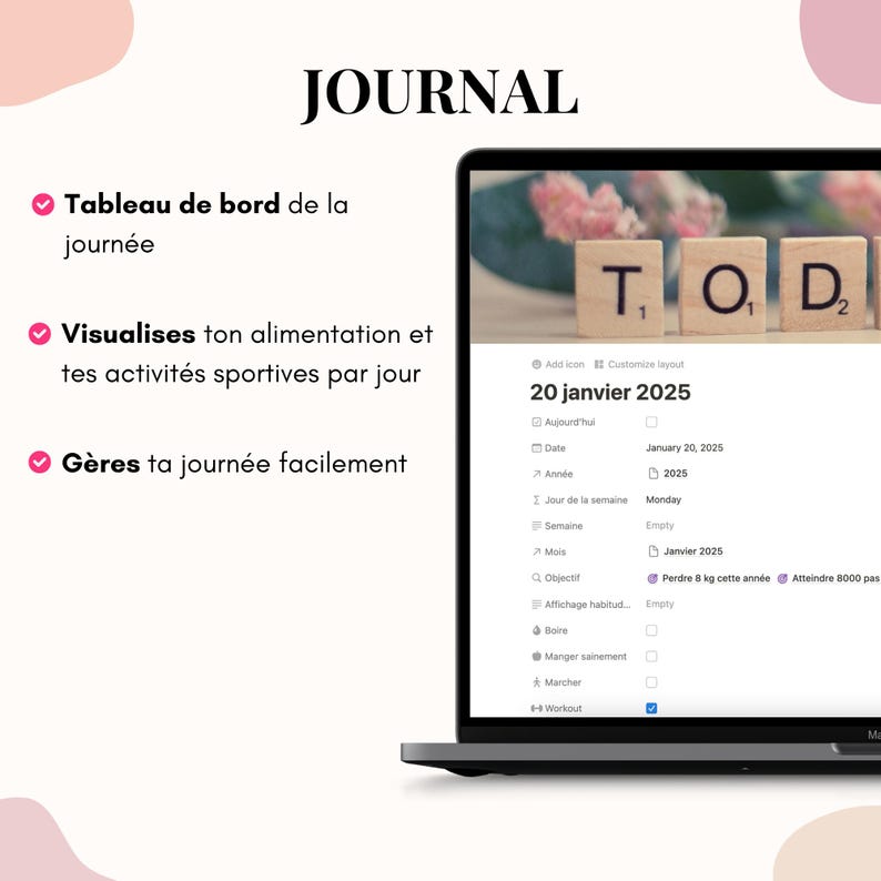 May include: A laptop displaying a digital journal interface with the word "JOURNAL" at the top. The screen shows a daily planner with sections for tracking food, exercise, and goals. Text in French is visible on the left side.