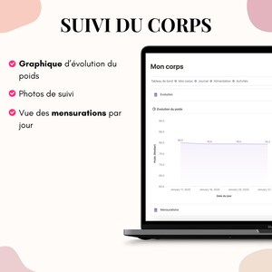May include: A laptop screen displaying a weight loss tracking app interface. The screen shows a graph of weight evolution, tracking photos, and daily measurements. The text "SUIVI DU CORPS" is at the top.