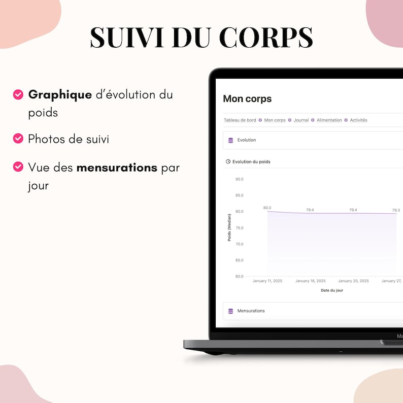 May include: A laptop screen displaying a weight loss tracking app interface. The screen shows a graph of weight evolution, tracking photos, and daily measurements. The text "SUIVI DU CORPS" is at the top.