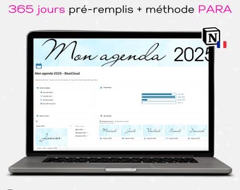 May include: A laptop computer displaying a digital planner with the text "Mon agenda 2025 - BlueCloud". The planner is designed with a blue watercolor background and includes a calendar, to-do list, and progress bar. The text "Agenda 2025 - Modèle Notion - Minimaliste - Français" is displayed at the bottom of the screen.