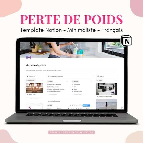 Perte de poids fitness weight loss planner Modèle Notion français template notion minimaliste tableau de bord esthétique et personnalisable