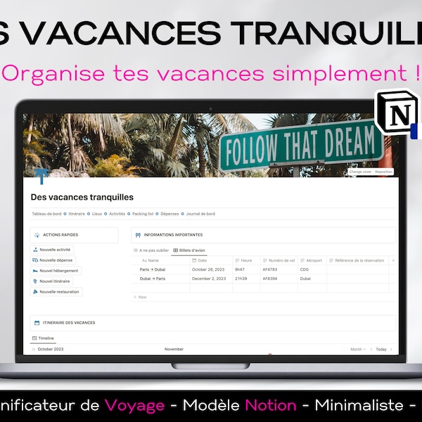 Organiseur de voyage travel planner Modèle Notion en français template notion minimaliste tableau de bord esthétique et personnalisable