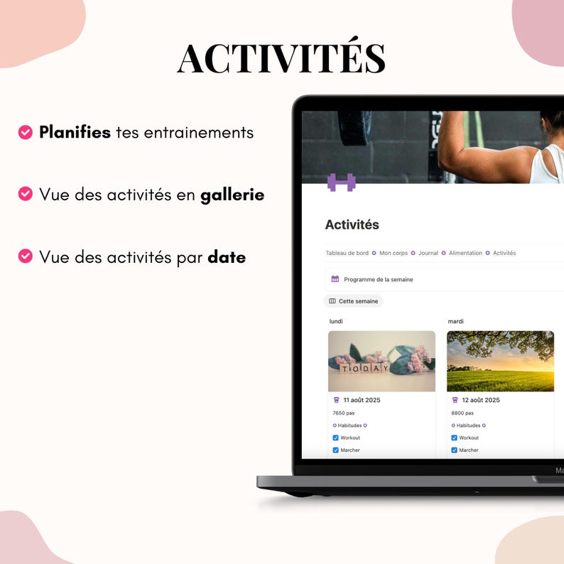 May include: A laptop displaying a fitness app interface with the title "ACTIVIT&Eacute;S". The screen shows activity tracking options, including planning workouts, viewing activities in a gallery, and viewing activities by date. The app displays daily activity summaries.
