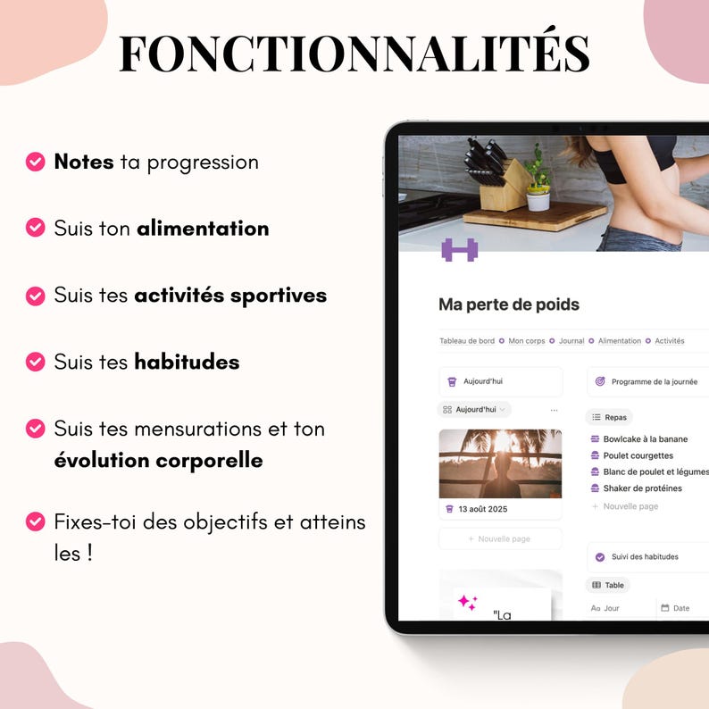 May include: A digital tablet displaying a weight loss tracking app interface. The screen shows a dashboard with options for tracking food, activities, and body measurements. Text in French includes "Ma perte de poids" and "Fonctionnalit&eacute;s."