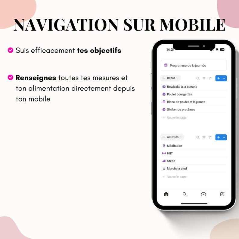 May include: A smartphone displaying a mobile app interface with a white background. The screen shows a daily program with meal and activity options. Text at the top reads "NAVIGATION SUR MOBILE". The app allows users to track goals and log measurements.