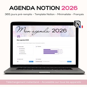 Peut inclure: Un ordinateur portable affiche un agenda Notion pour 2026, avec le texte "AGENDA NOTION 2026" en haut. L'écran montre une mise en page de calendrier avec des barres de progression. Le bas de l'écran indique "Téléchargement instantané - Accessible sur tous les appareils".