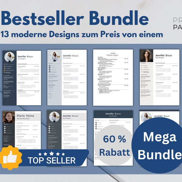 Bestseller Bundle 13pcs., CV templates, Word, modern CV, cover letter, cover sheet, motivation letter; 2024; minimalist
