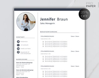 Plantilla de solicitud: plantilla de CV optimizada para recursos humanos, alemán, Word, incluida la carta de presentación y la plantilla de la hoja de presentación.