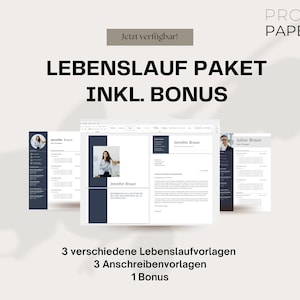 May include: A digital product listing for a resume and cover letter template package. The image shows three different resume templates and three cover letter templates. The text on the image reads "Lebenslauf Paket INKL. Bonus" which translates to "Resume Package Including Bonus".