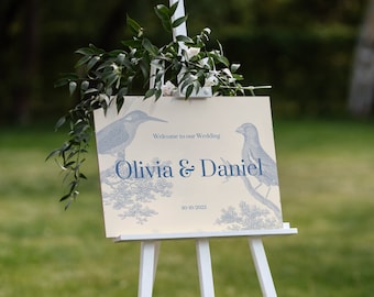Plantilla de letrero de bienvenida para boda con pájaros enamorados, letrero de bienvenida, letrero para el día de la boda, tema romántico de pájaros, romántico, imprimible, editable