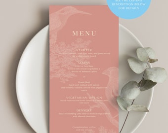Plantilla de menú de boda con pájaros del amor, plantilla de menú de pájaros, plantilla de menú de cena, menú rosa, romántico, imprimible, editable