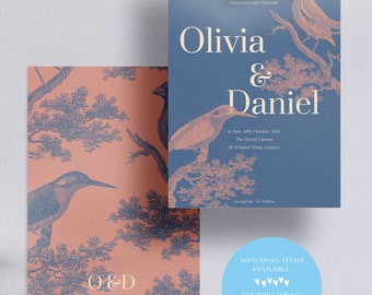 Plantilla de invitación de boda con pájaros enamorados, invitación de boda con pájaros, invitación de boda caprichosa, romántica, imprimible, editable