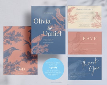 Plantilla de invitación de boda con pájaros del amor, invitación de boda con pájaros, invitación de boda caprichosa, romántica, imprimible, editable