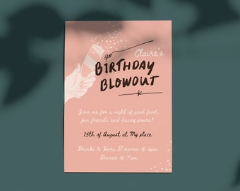 Invitación de cumpleaños rosa burbujeante, invitación de cumpleaños de champán rosa, invitación de fiesta de cumpleaños, plantilla de invitación digital, instante editable