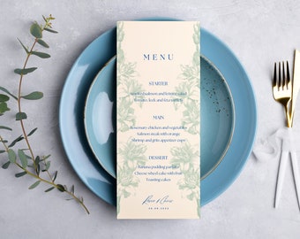 Plantilla de menú de boda de flores verdes, plantilla de menú de flores, plantilla de menú de cena, menú azul verde, romántico, imprimible, editable