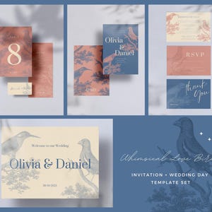 Whimsical Love Birds Wedding Day Bundle  Template, Wedding Suite, Wedding Invitation, Romantic Birds Wedding, Whimsical, Printable, Editable
