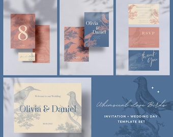 Plantilla de paquete de boda con pájaros del amor, paquete de boda, invitación de boda, boda romántica con pájaros, caprichosa, imprimible, editable