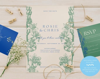Conjunto de plantillas de invitación de boda de flores verdes, invitación de boda de flores, invitación de boda caprichosa, romántico, imprimible, editable