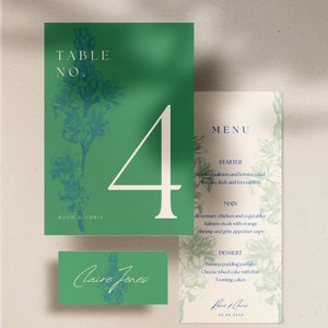 Green Flowers Wedding Menu Template Set, Flowers, Dinner Party Menu Template Set, Blue Green Menu Set, Romantic, Printable, Editable