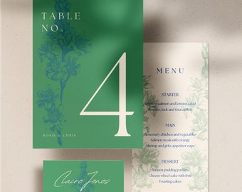 Conjunto de plantillas de menú de boda de flores verdes, flores, conjunto de plantillas de menú de cena, conjunto de menú verde azul, romántico, imprimible, editable