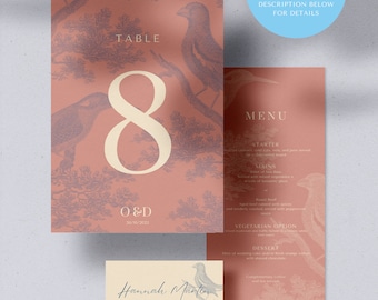 Plantilla de menú de boda con pájaros del amor, conjunto de plantillas de menú de cena, conjunto de menú rosa, romántico, imprimible, editable